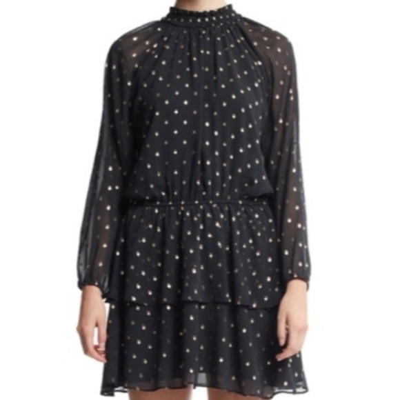 NWT Scoop Foil Dot Long Sleeve Tiered Ruffle Dress, L (12-14), Black & Gold - Picture 1 of 8